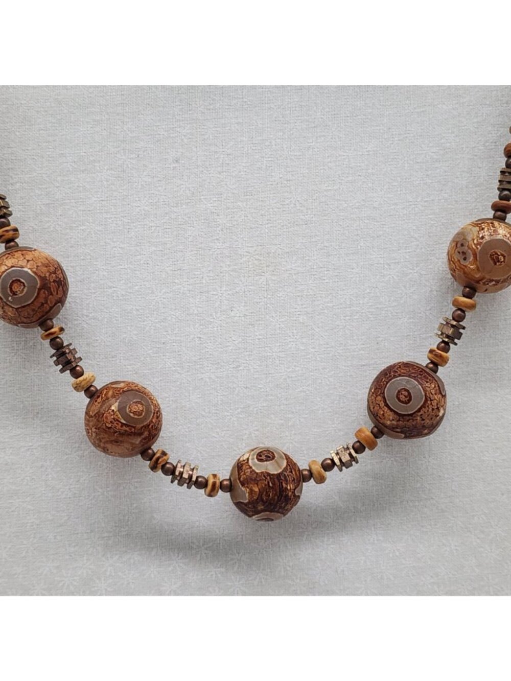 Bohemian Dzi Agate Necklace & Earring Set With Unique Patterned Spheres - Picture 3 of 11